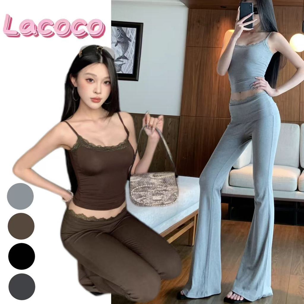 Lacoco🍓คลังสินค้าพร้อม🍓กางเกงขาบานแต่งขอบลูกไม้ สไตล์ใหม่ฤดูใบไม้ร่วงปี 2026 สำหรับผู้หญิง เอวสูง กางเกงลำลองอเนกประสงค์