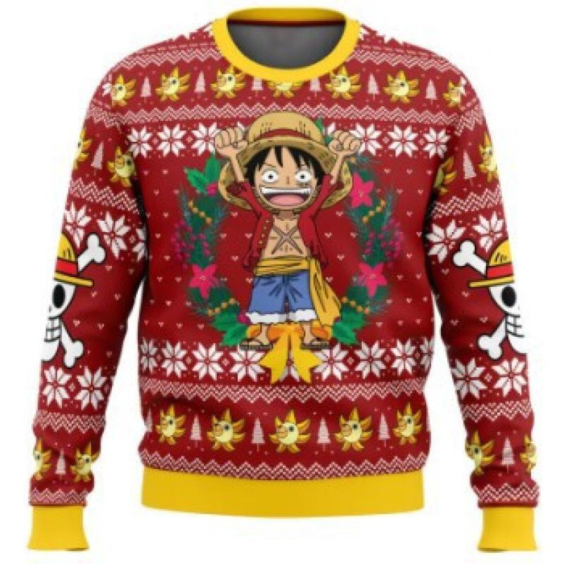 [การ์ตูน] 3D Christmas Series One Piece เสื้อสเวตเตอร์คอกลมพิมพ์ลายเสื้อกันหนาวเลียนแบบวัสดุถัก E881