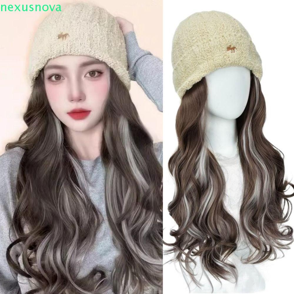 NEXUSNOVA Beanies หมวกแบบมีวิก, หมวกวิกสำหรับกิจกรรมกลางแจ้ง, แฟชั่นหมวกอบอุ่นสไตล์เกาหลีHairpiece ยาวน้ำหยัก ใส่ง่ายเวลาออกทริป