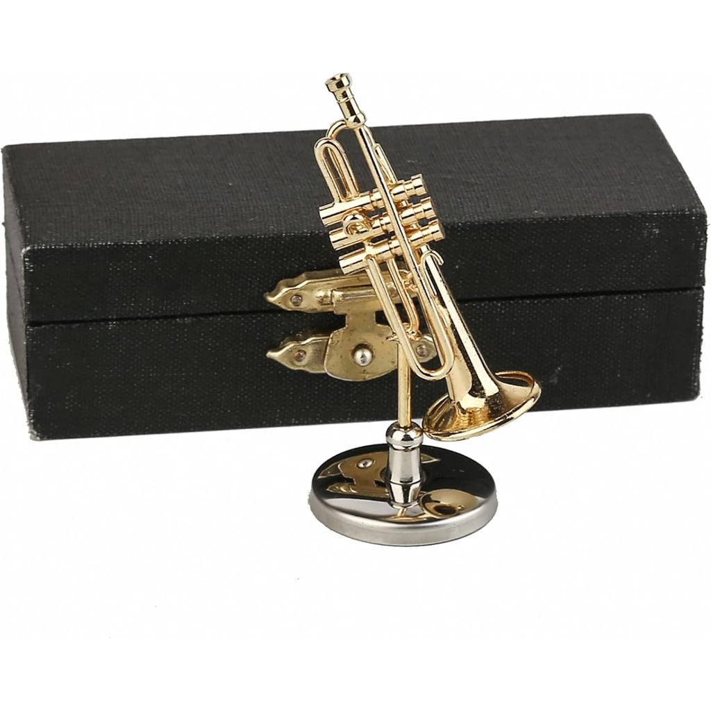Miniature Trumpet with Stand and Case Brass Mini Musical Instrument Trumpet Replica Collectible Figu