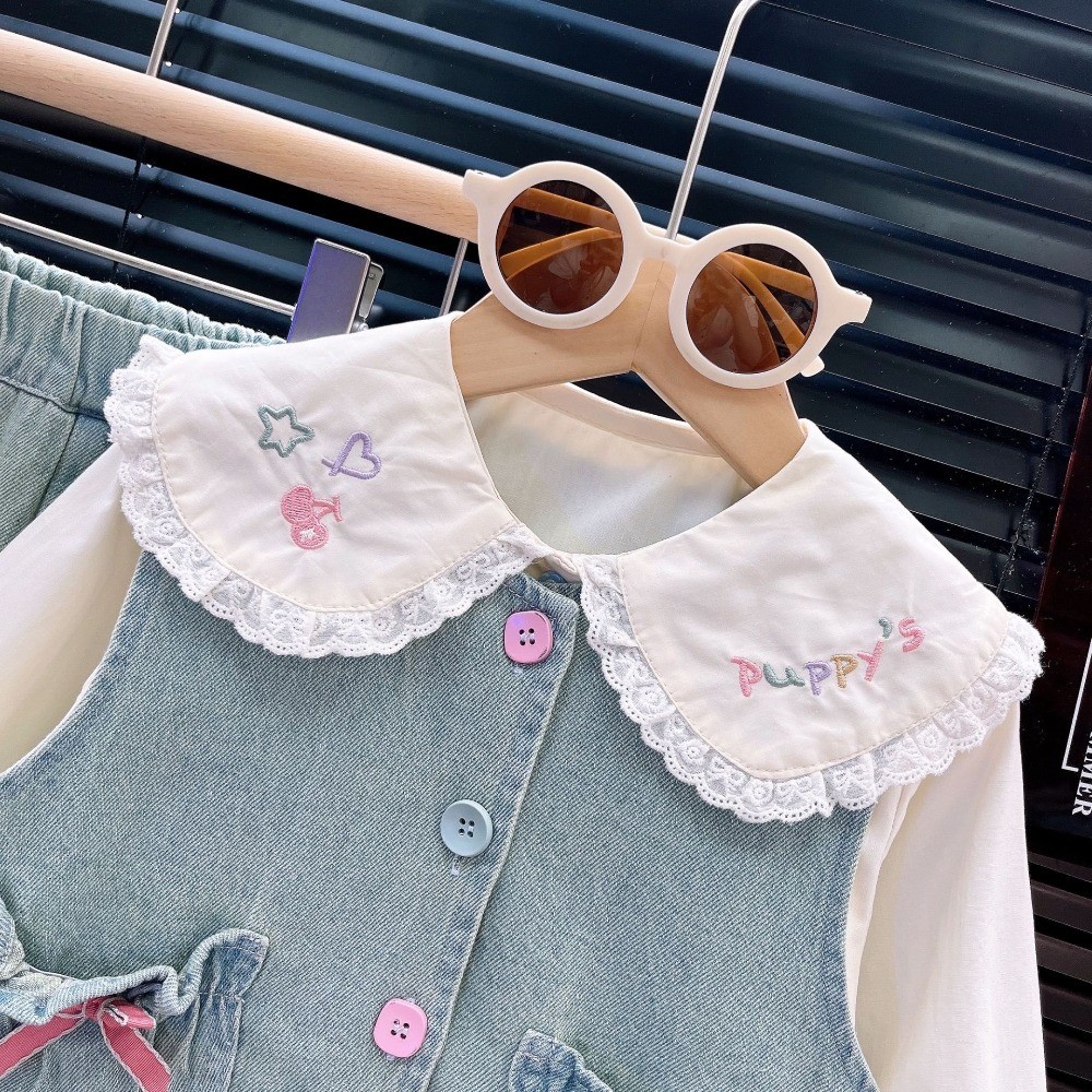 Bear Leader Casual Long Sleeved Lace Embroidered Shirt + Bow Vest + Jeans Three Piece Set Spring and Autumn Girls Clothes - รูปที่ 4