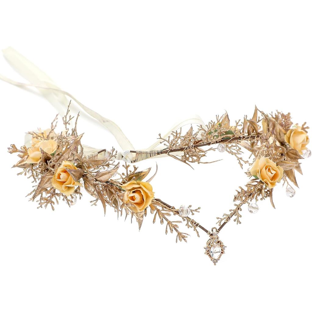 MOSTORY Gold Fairy Flower Crown - Floral Elf Crowns Headpiece for Renaissance Accessories Women, Elv