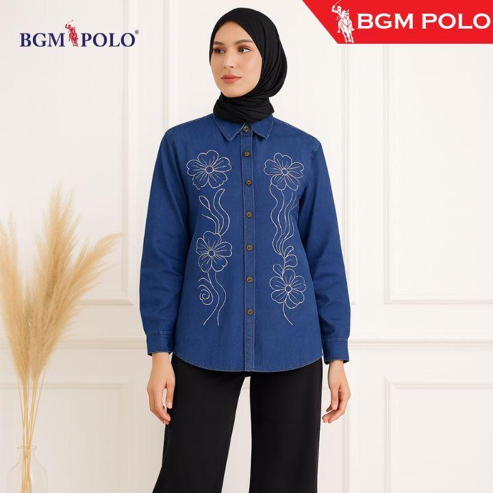 BGM POLO FULL FLOWER 03 EMBRIODERY DENIM BLOUSE FULL BUTTON-BP-DBBF03458FB-RJ1 เสื้อผ้า Baju เสื้อผู