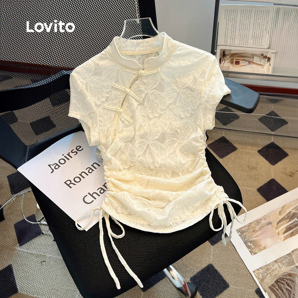 Lovito เสื้อยืด Jacquard สไตล์ลําลอง สําหรับผู้หญิง สีแอปริคอท LK2EDD047