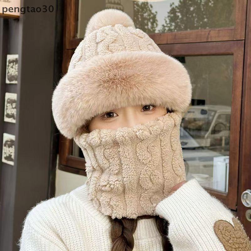 [pto] ฤดูหนาว Beanies Bonnet หูคอป้องกันสําหรับผู้หญิงขนแกะซับอบอุ่นถักหมวกผ้าพันคอหน้ากาก Plush Pom