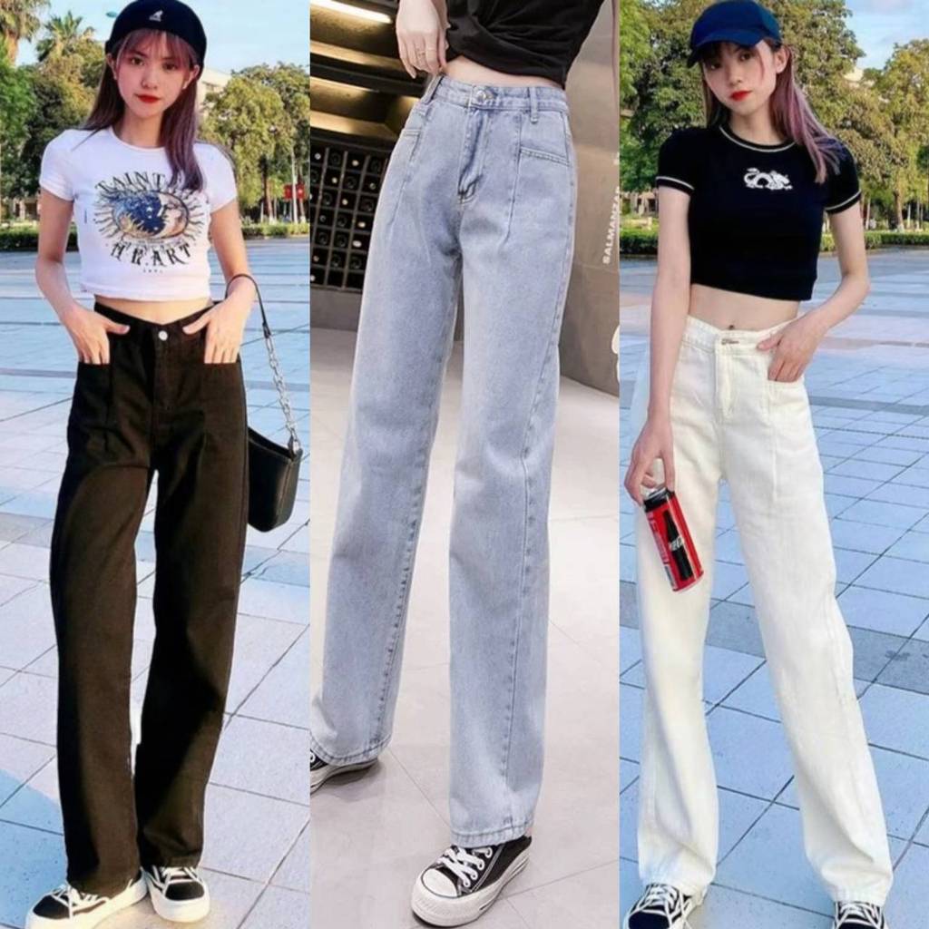 🌟MKL🌟พร้อมส่งในไทย กางเกงยีนส์เอวสูงผ้าไม่ยืด  แฟชั่นสไตล์เกาหลี กางเกงขายาว ทรงกระบอกมี 3สีให้เลือก