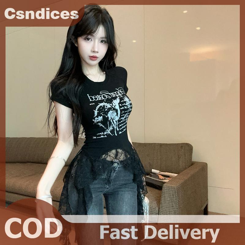 Csndices แฟชั่นลูกไม้ Patchwork ไม่สมมาตรเสื้อยืดผู้หญิง Streetwear Y2K พิมพ์ Crop Tops ฤดูร้อนรอบคอ