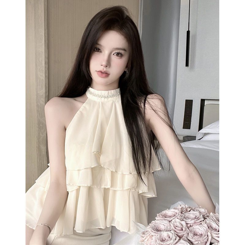 LINNA~Xเวอร์ชั่นเกาหลี คอวี สีทึบ แขนกุด เสื้อเชิ้ต รุ่นใหม่