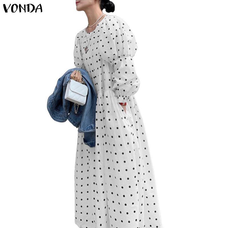 VONDA ชุดเดรสคอกลมแขนพัฟลายจุดสไตล์เกาหลีสําหรับผู้หญิง