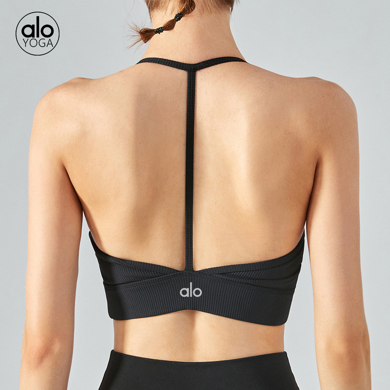 Alo ชุดชั้นในกีฬา T-Back Halter สายคล้องคอที่สวยงามกลับ Bra กันกระแทกพร้อมแผ่นรองหน้าอกโยคะฟิตเนสเสื้อกั๊ก