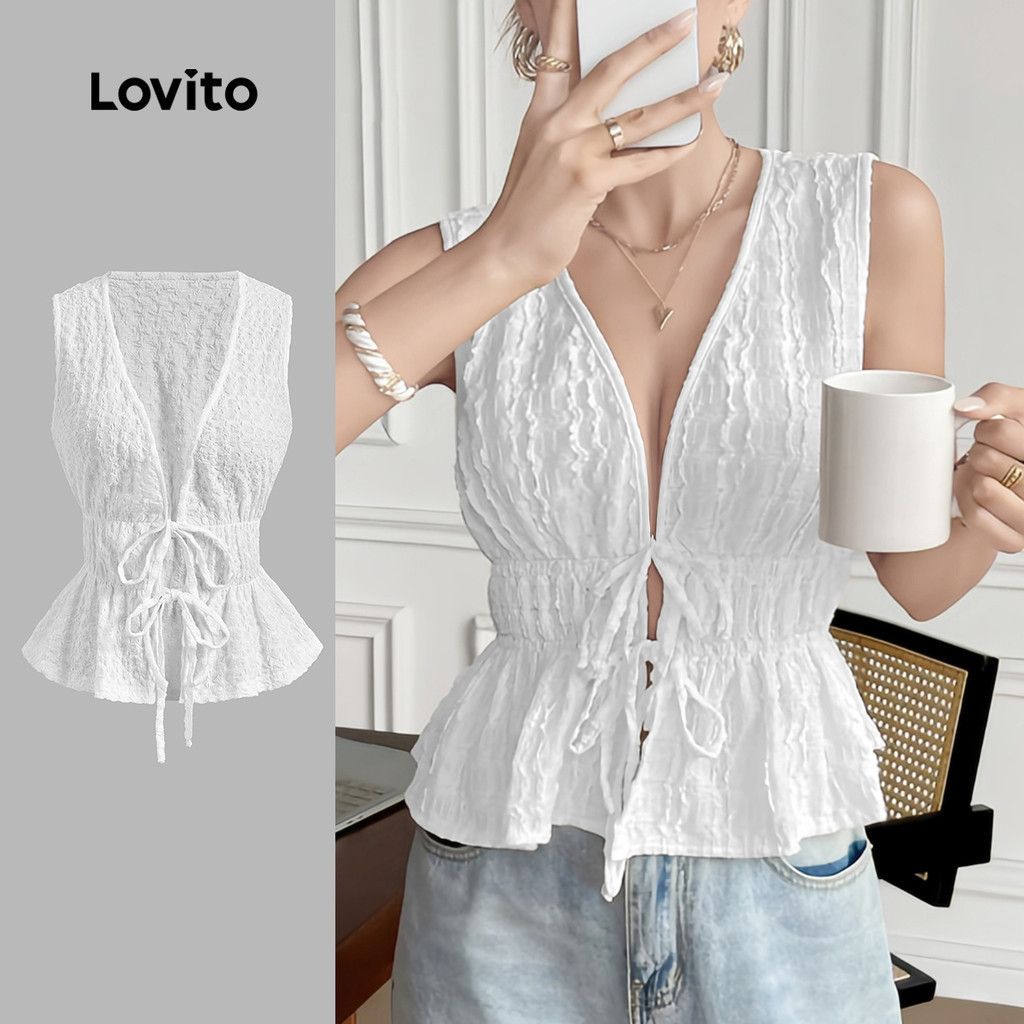 Lovito เสื้อกล้ามผูกด้านหน้าเรียบหรูสำหรับผู้หญิงในช่วงฤดูร้อน/ฤดูใบไม้ผลิ L132ED422