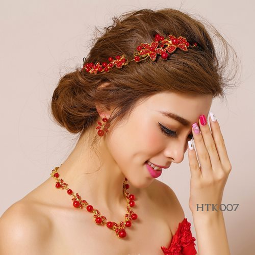 MERAH โมเดิร์น Tiara แพคเกจงานแต่งงานอุปกรณ์เสริมคริสตัลสีแดงสร้อยคอต่างหู HTK007
