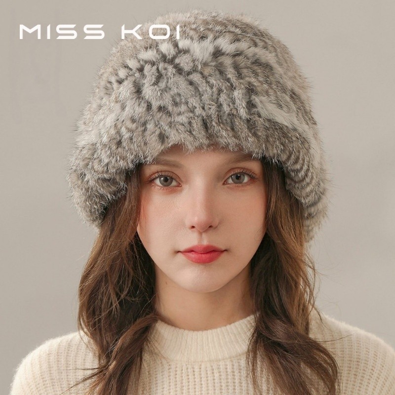Misskoi Rabbit Fur Cloud Baotou Winter Women Warm Cold-Proof Face Hat Small Animal Fur Influencer Fu