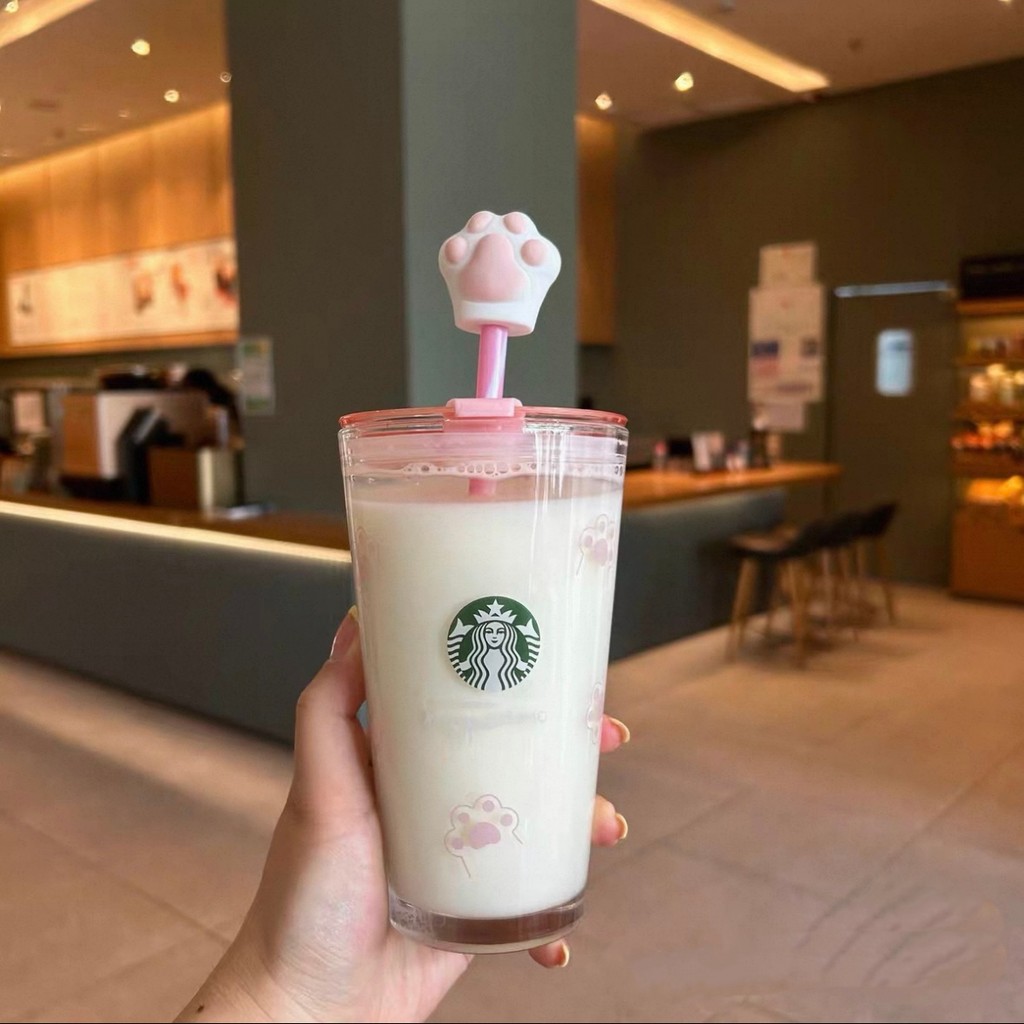 Ins Starbucks Starbucks Cup Enjoy Cherry Blossom Cat Claw Glass Straw Cup Cute Pink Girl High-value 