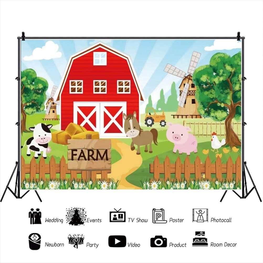 OERJU 5x3ft Cartoon Animal Farm Backdrop Red House Windmill Zoo Cute Pig Dairy Cow Animal Background