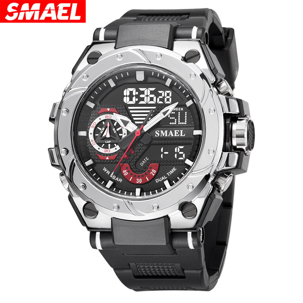 SMAEL SMAEL Street Wear Alloy นาฬิกาผู้ชายมัลติฟังก์ชั่น Cool Dual Display นาฬิกาอิเล็กทรอนิกส์กันน้