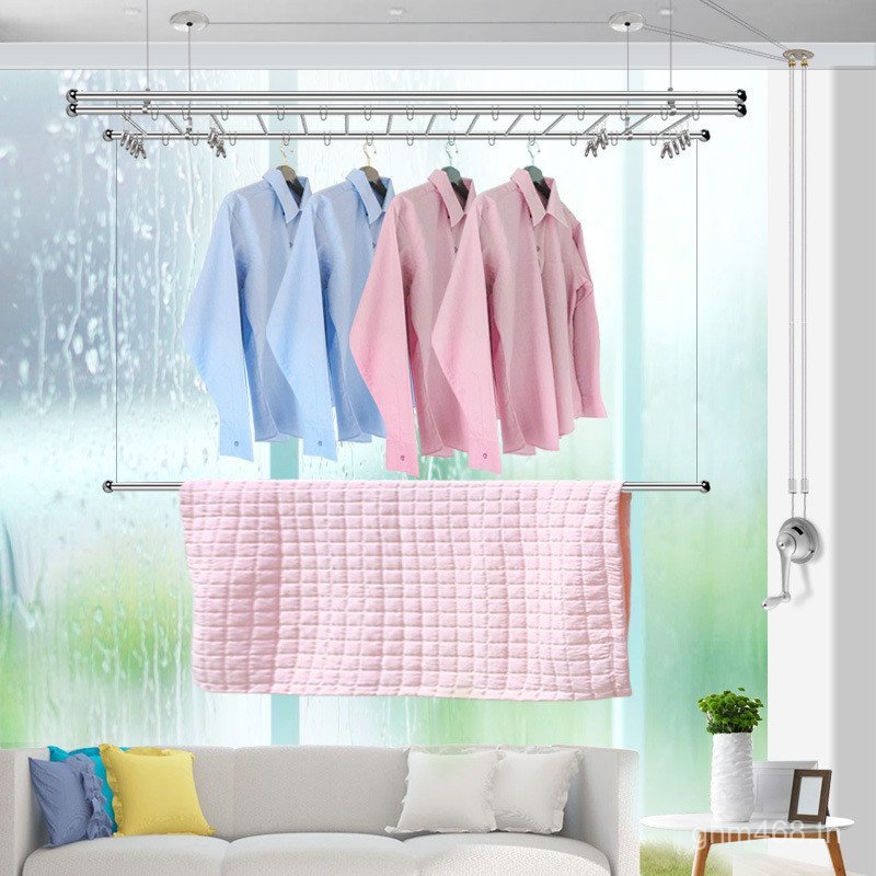 คู่มือ Hand-Cranked Cool มัลติฟังก์ชั่แขวนสแตนเลสเสื้อผ้า Rod Double-Layer Yipeng Drying Rack ระเบีย