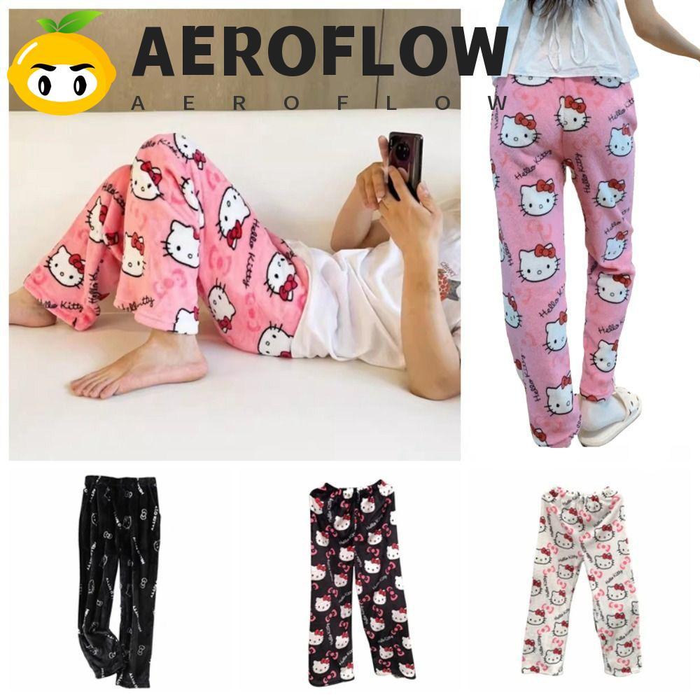 Aeroflow Kitty Cat Pajama Pants,เสื้อผ้าหน้าแรกกางเกงขนแกะขนแกะปะการัง,ลําลองอะนิเมะการ์ตูนฤดูหนาวกางเกงผ้ายืดหยุ่นชุดนอน