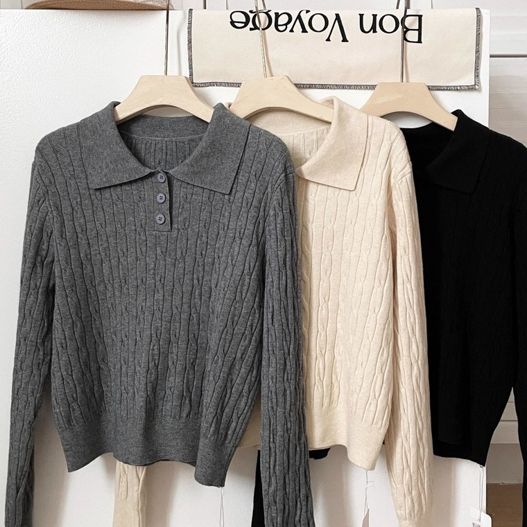 เสื้อสเวตเตอร์ถักลายเคเบิลแขนยาวสำหรับผู้หญิง คอโปโล ดีไซน์สีพื้น เหมาะสำหรับสวมใส่ในฤดูใบไม้ร่วงและฤดูหนาว#88044