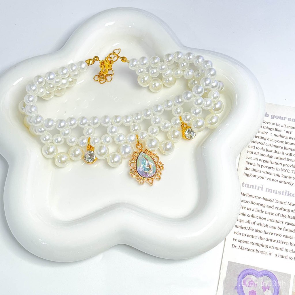 สัตว์เลี้ยงสร้อยคอแมวสุภาพสตรีฟุ่มเฟือยสร้อยคอมุกสุนัขสร้อยคอมุกแมวน่ารักสร้อยคอมุกภาพ 3VVF