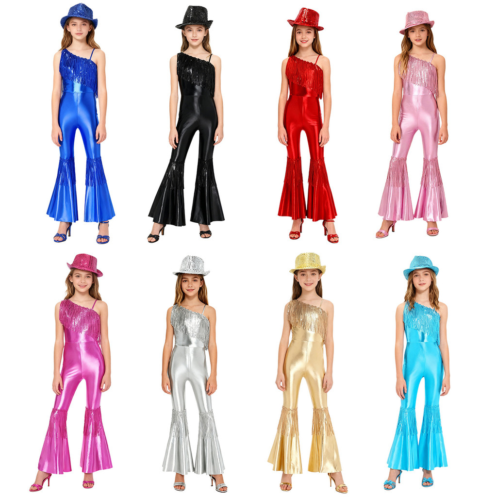 Yeahdor เด็กสาวแจ๊สดิสโก้เต้นรําเครื่องแต่งกายแขนกุดหนึ่งไหล่เลื่อมพู่เอวสูง Flared Jumpsuit กับหมวก