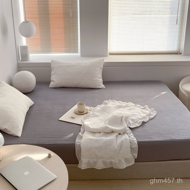 Ins สไตล์ที่นอนผ้าคลุมเตียงผ้านวม 71TX ผ้าฝ้ายแท้ชุดสามชิ้นสไตล์เกาหลีสีทึบ Simmons เคสป้องกัน Simpl