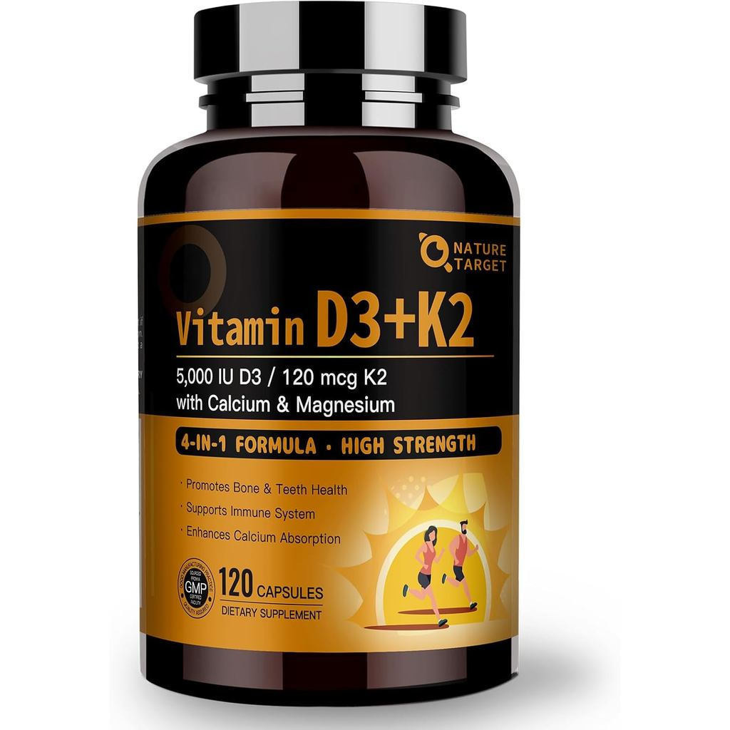 NATURE TARGET Vitamin D3 K2 with Calcium & Magnesium - Max Strength 4 in 1 Formula for Bone, Heart &