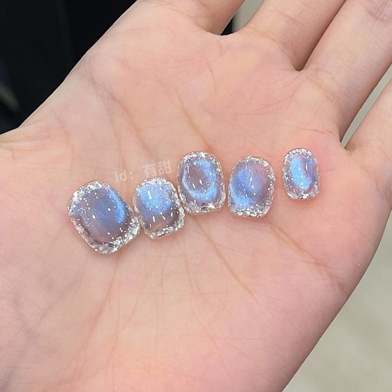 Blue Cats Eye สวมใส่เล็บสั้นฤดูใบไม้ผลิ High-End หรูหราสวมใส่เล็บ Pure Handmade เล็บสั้นสีฟ้า Cats Eye สวมใส่เล็บสั้นฤดูใบไม้ผลิ High-End หรูหราสวมใส่เล็บ Pure Handmade เล็บสั้น 12.3 - รูปที่ 2