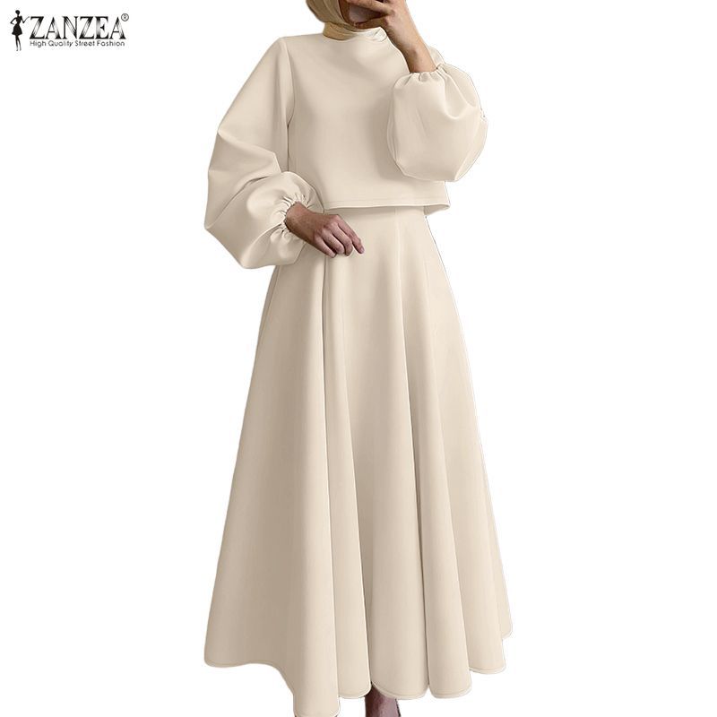 ZANZEA สตรีมุสลิมหรูหราลูกเรือคอโคมไฟแขนตัดเอวสูง A-Line ชุดสองชิ้น - รูปที่ 4