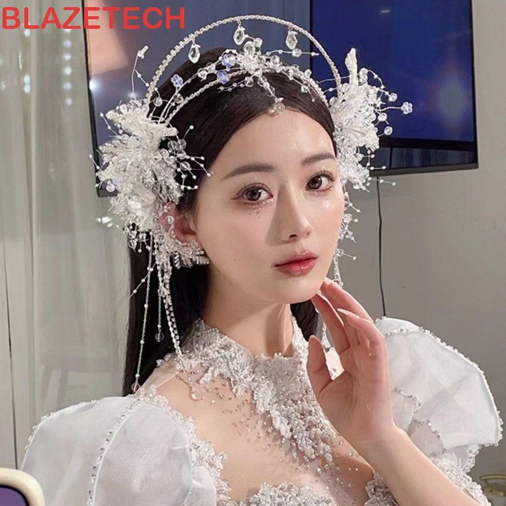 BLAZETECH ม้งกุฎต่างหูคริสตัล แบบ Hoop Tiara กะทัดรัดพร้อมหูคลิป เหมาะสำหรับงานแต่งงาน