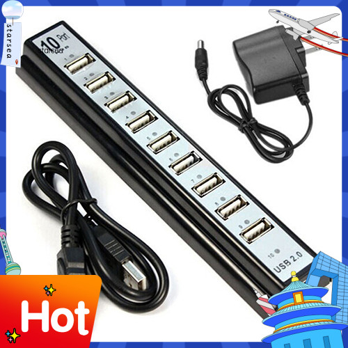 SRA ZK 10 พอร์ต Hi-Speed USB 20 Hub Splitter + US Power Adapter สําหรับคอมพิวเตอร์แล็ปท็อปพีซี
