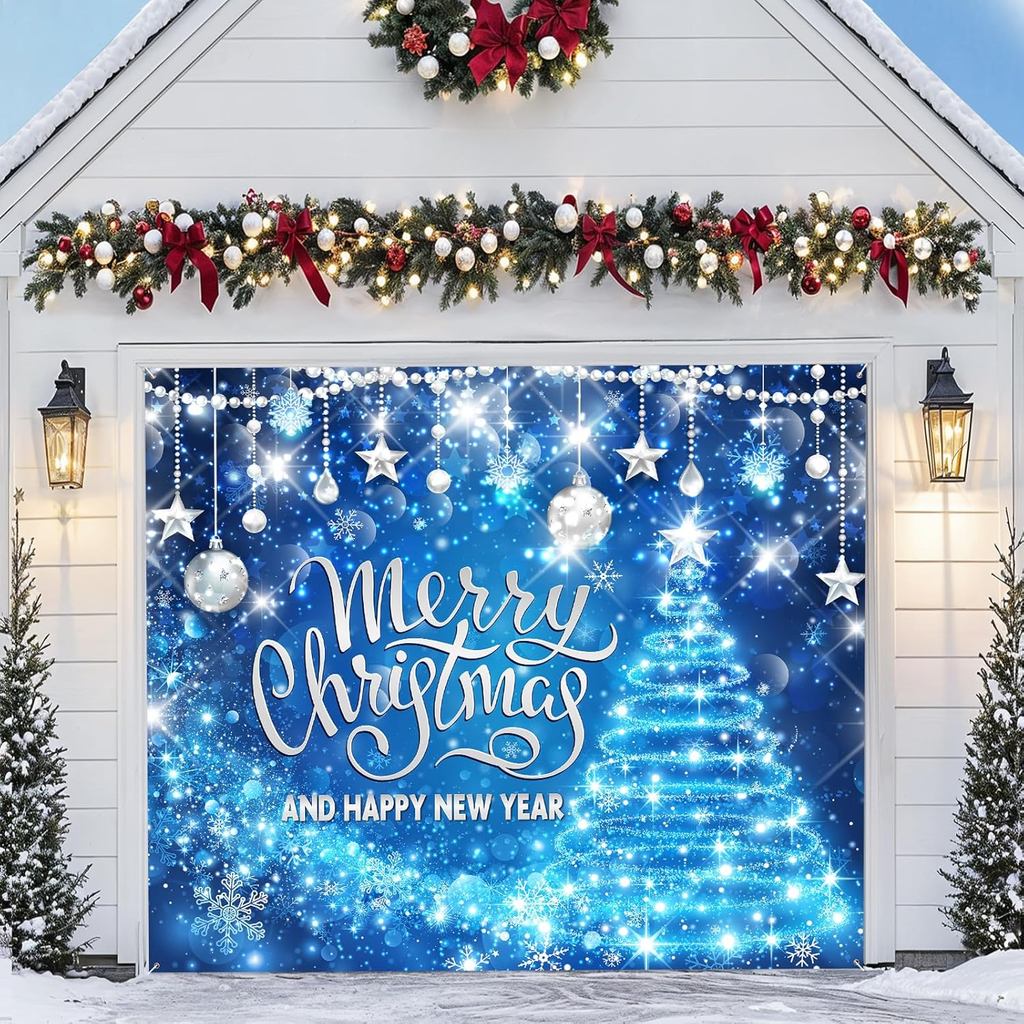 Christmas Garage Door Banner Cover 7 x 8 ft Blue Christmas Garage Door Decorations Large Merry Chris