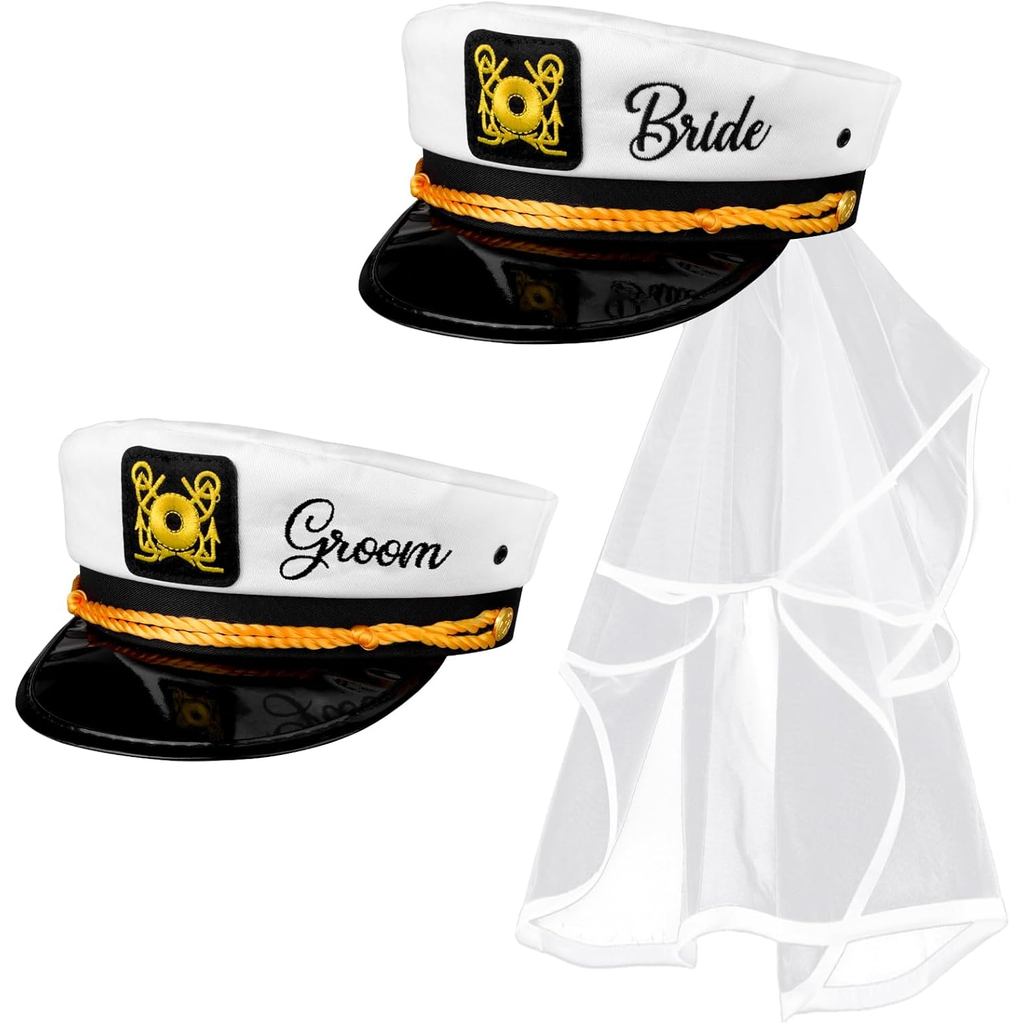Bride Groom Captain's Hat - Groom to Be Bachelor Hat, Funny Bride Hats with veil Bridal Shower Gifts
