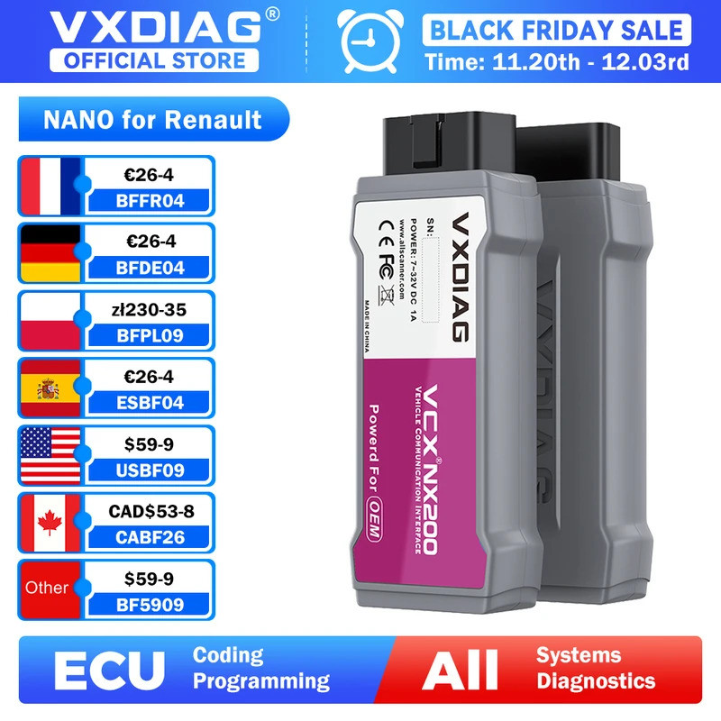 VXDIAG VCX NANO สําหรับ Renault สามารถคลิปเครื่องมือวินิจฉัยรถยนต์ NX200 OBD2 เครื่องสแกนเนอร์ J2534