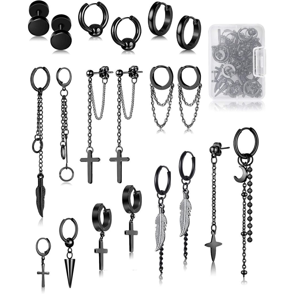 FIFATA 20 Pieces Men Earrings Set - Black Stainless Steel Chain Hoop Earrings Cross Moon and Star Da