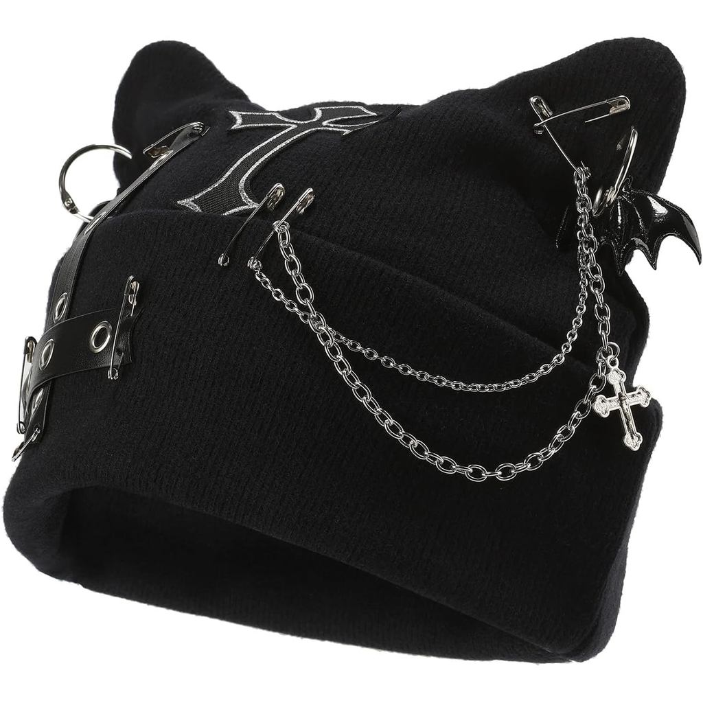 Goth Cat Beanie Goth Hat Accessories Punk Cat Ear Beanie Hat for Women Y2k Grunge Gothic Beanies Kni