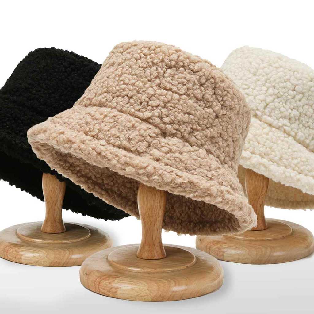 Lamb Faux Fur Bucket Hat Winter Warm Velvet Hats for Women L