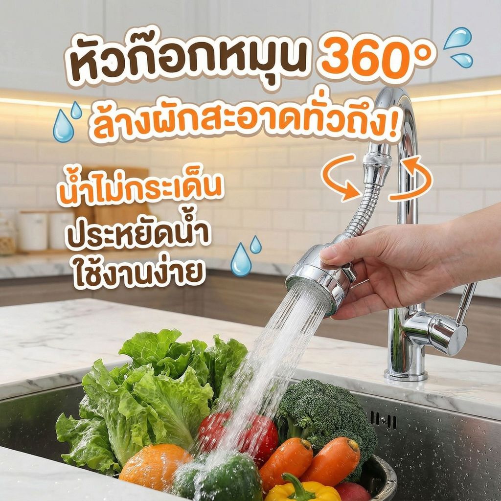 หัวต่อก๊อกน้ำ 2โหมด หมุนรอบ360องศา ปรับแรง–นุ่ม ใช้ได้ พร้อมยางรอง แปลงเกลียวนอก-ใน