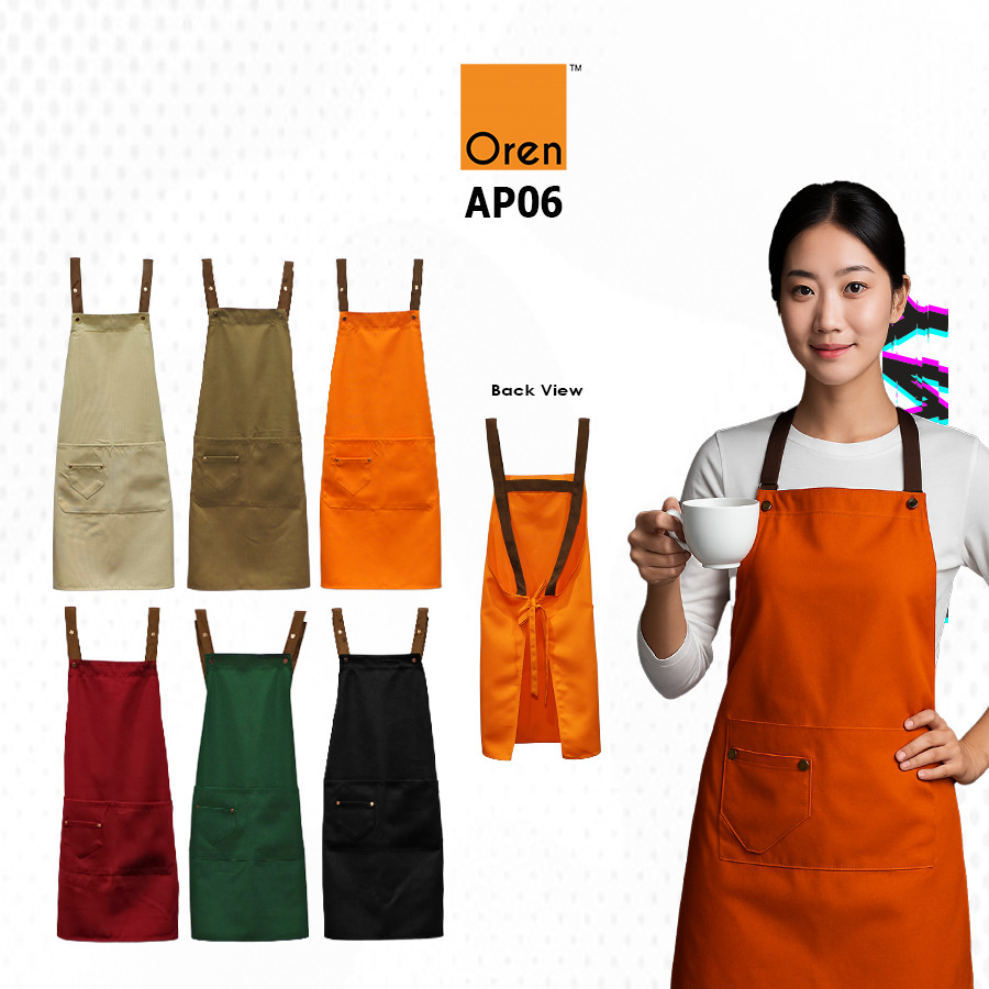 AP06 Oren Sport ผ้ากันเปื้อนเต็มรูปแบบ 100% โพลีเอสเตอร์ผ้าใบหลายกระเป๋าปรับสายคล้องคอ Cafe NTMY