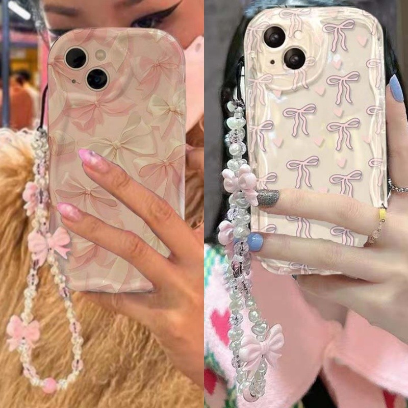 การ์ตูนสีชมพูโบว์สําหรับ Samsung Galaxy S23 Ultra S21 Plus S23FE S21FE S20FE F06 พร้อมสายรัดข้อมือ L