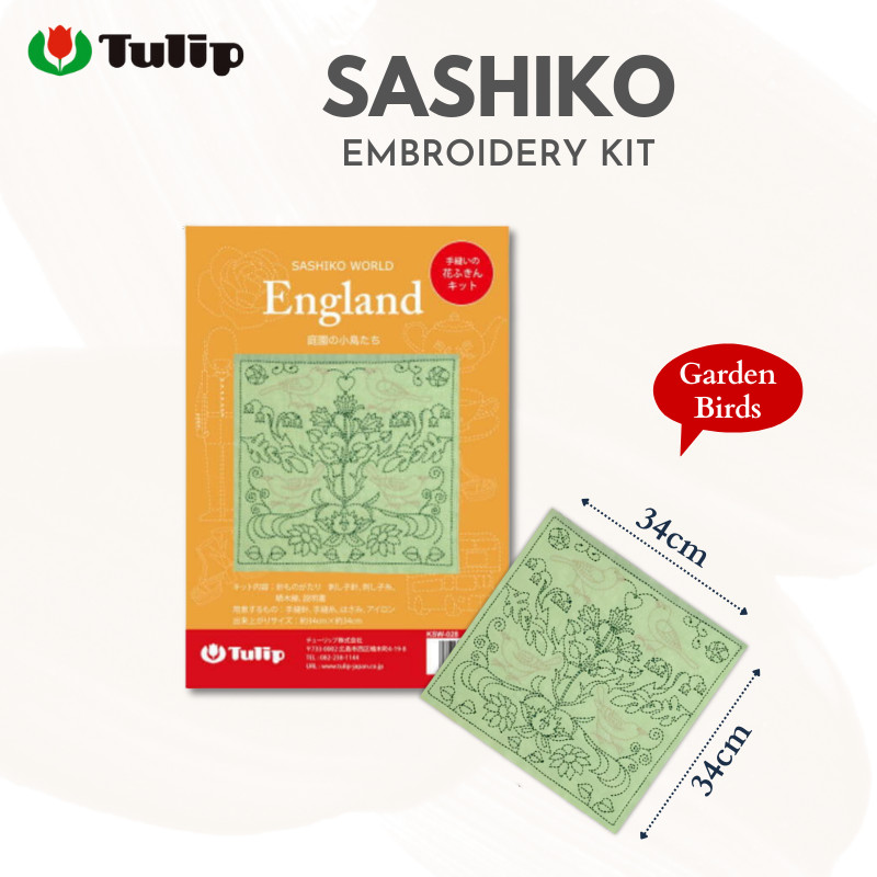 TULIP SASHIKO WORLD Hand-Sewn Flower Dishcloth Embroidery Kit - England Garden Birds KSW-02, Japan C