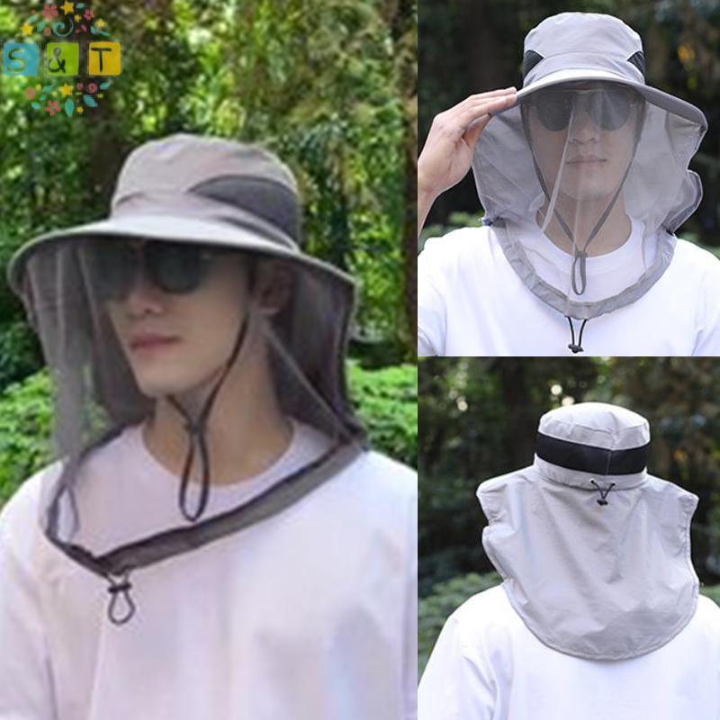 [S&T] หมวกชาวประมงกลางแจ้งหมวกปีกกว้างหมวกกันยุงพร้อมตาข่ายไล่แมลงผึ้งผู้ชายตกปลา {th}