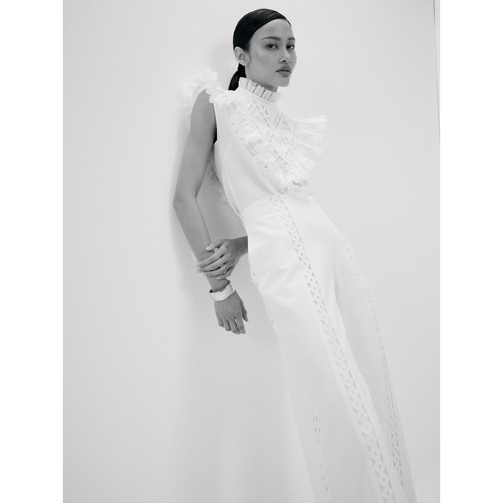 [Pomelo] กางเกงขากว้างแต่งลายฉลุ / Eyelet Wide Leg Trousers — صورة 4