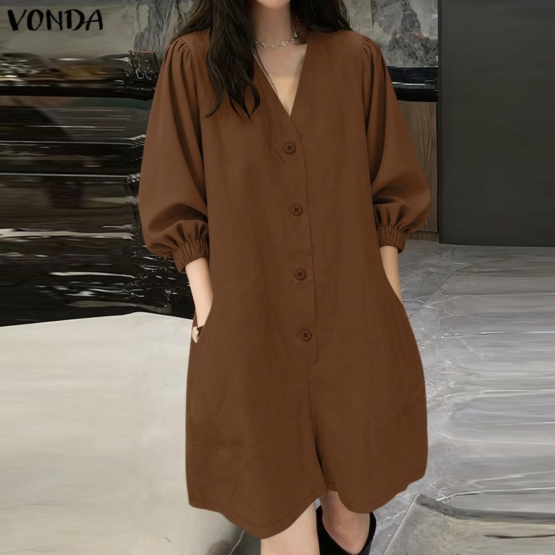 Vonda بلوزة نسائية كورية سادة بياقة V نصف كم — صورة 5