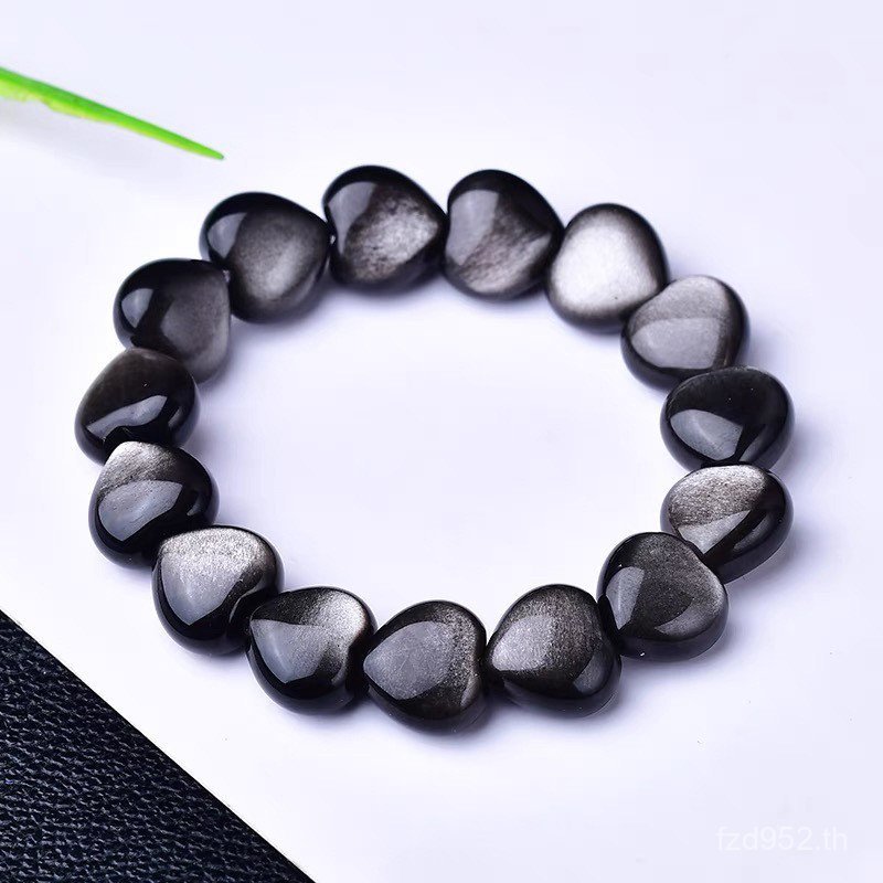 สร้อยข้อมือหัวใจ.obsidian สำหรับผู้หญิง สtone ธรรมชาติสีดำเงิน แบบวงกลมเดียว จาก ZEMA