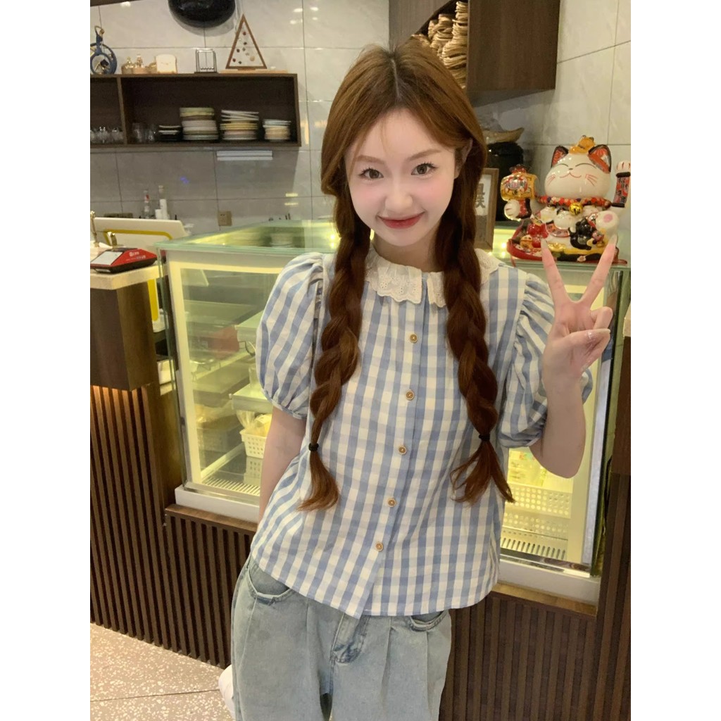 Red Berryเสื้อเบลาส์แขนพองลายสก็อตฤดูใบไม้ร่วงสำหรับผู้หญิง แต่งขอบลูกไม้ สไตล์พรีปปี้ ทรงหลวม99129