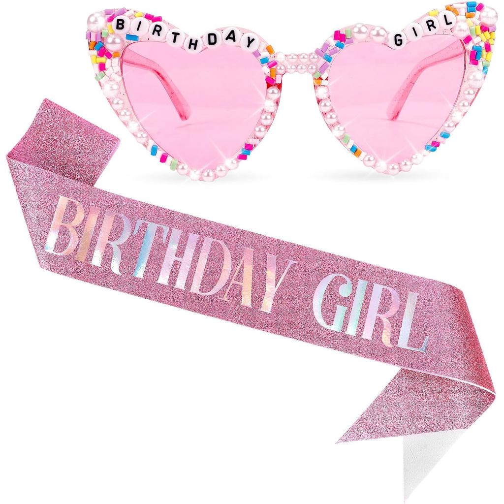Birthday Girl Sash & Glasses Set, Pink Birthday Sash & Sunglasses, 'BIRTHDAY GIRL' Accessories for W
