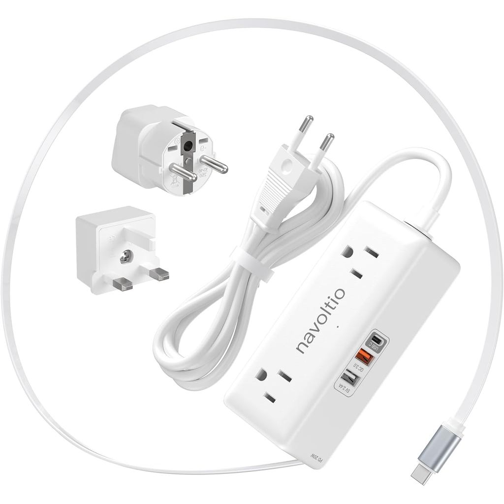 European Travel Plug Adapter, US to EU/UK Plug Adapter (PD 20W) Retractable USB C Cable with 4 AC Ou