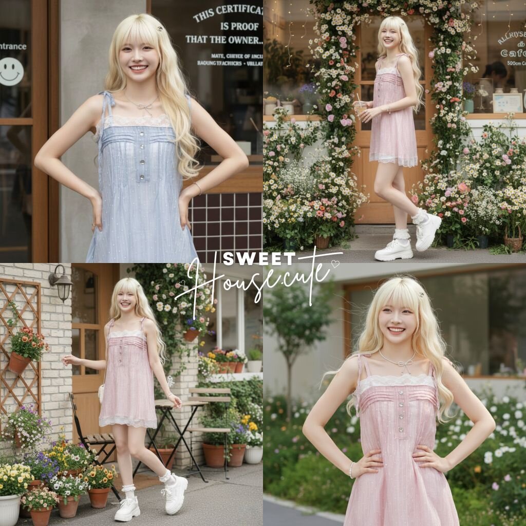 SweetHouse #669   เสื้อสายเดี่ยวแต่งลูกไม้ ผ้า Rossy (ผ้าบางมีซับใน) ผูกบ่าระบายลูกไม้แต่งกระดุมเพชรน่ารักมากกก ราคา ถูกที่สุด ดีลบีเคเค