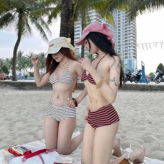 Hot.Bikini🎉🎉บิกินี่ ทูพีช stripe ชุดว่ายน้ำผู้หญิง sexy เว้าหลัง ผูกคอ ผ้าแห้งเร็ว ชุดไปทะเล เที่ยวทะเล พร้อมส่งในไทย